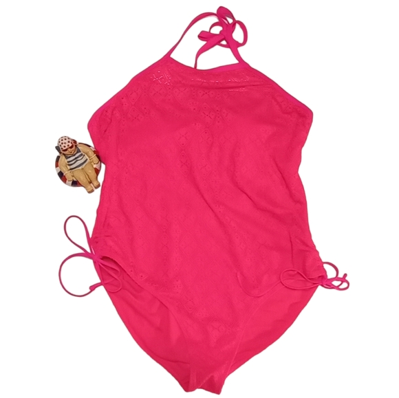 🆕Brand New! High Neck Crochet Overlay & Drawstring Hip Pink Women's Swimsuit 2X - Picture 1 of 11